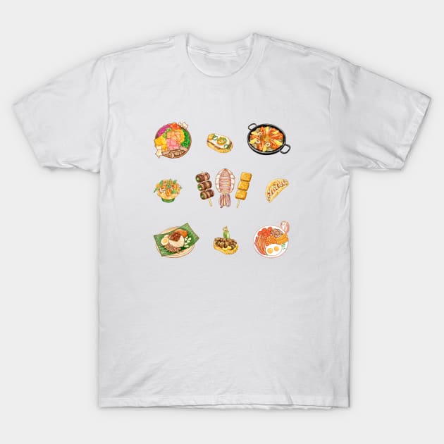 Food Lover 各國美食插畫 - Nasi Lemak, Paella, Poke Bowl, Skewers, English Breakfast, Tapas, Tacos T-Shirt by Rose Chiu Food Illustration